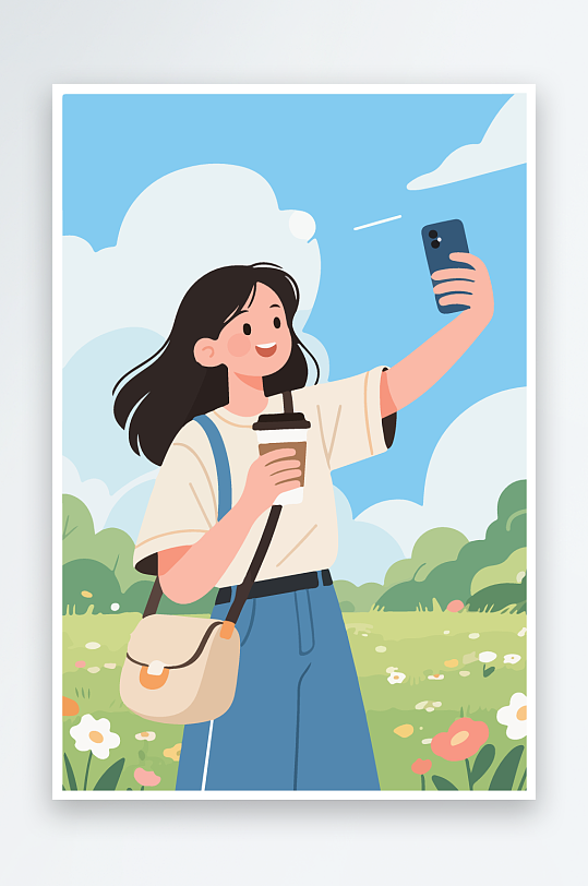 卡通女孩户外自拍插画-众图网