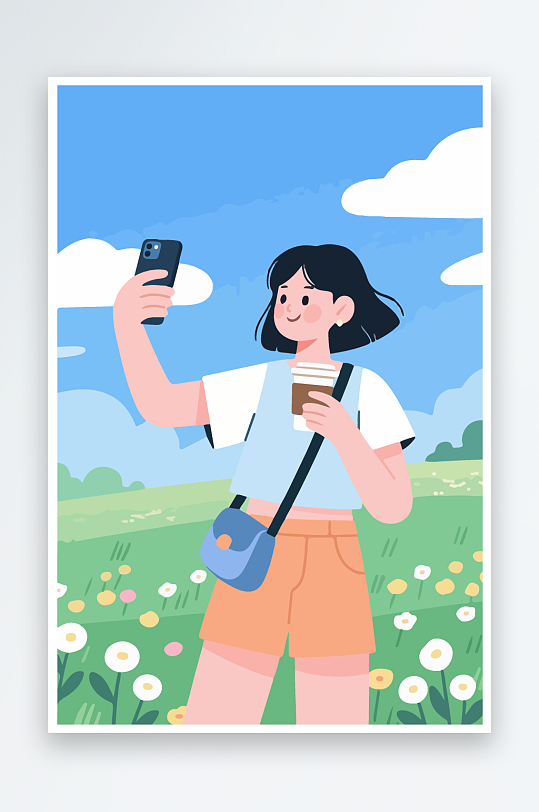 卡通女孩户外自拍插画-众图网