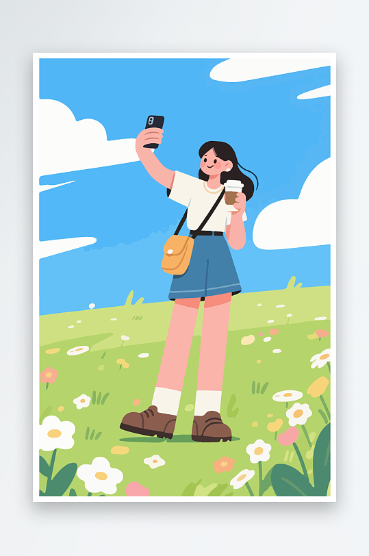卡通女孩户外自拍插画-众图网