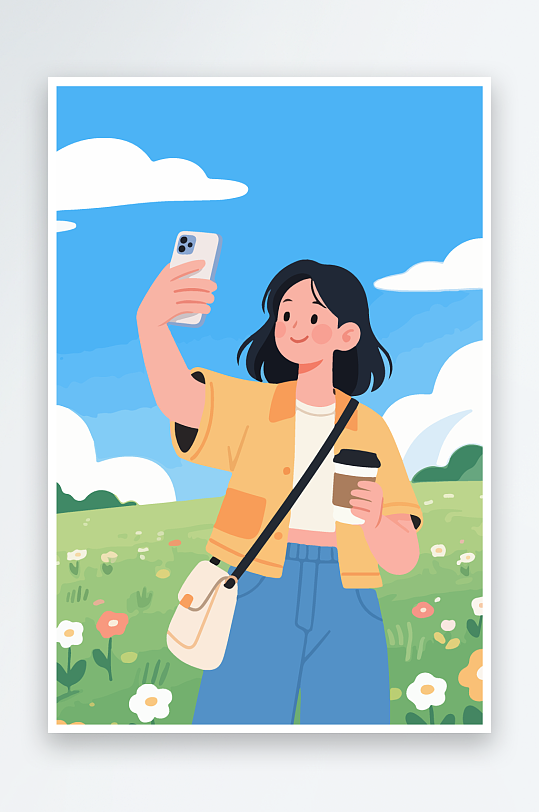 卡通女孩户外自拍插画-众图网