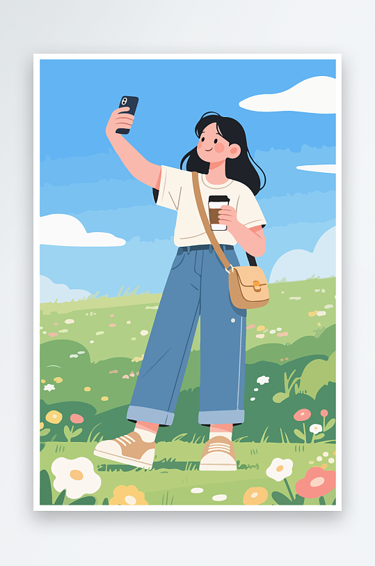 卡通女孩户外自拍插画-众图网