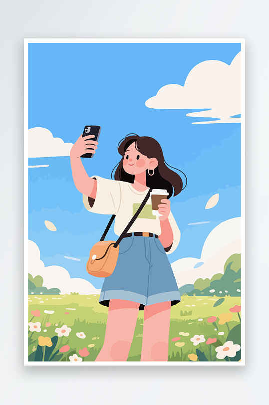 卡通女孩户外自拍插画-众图网