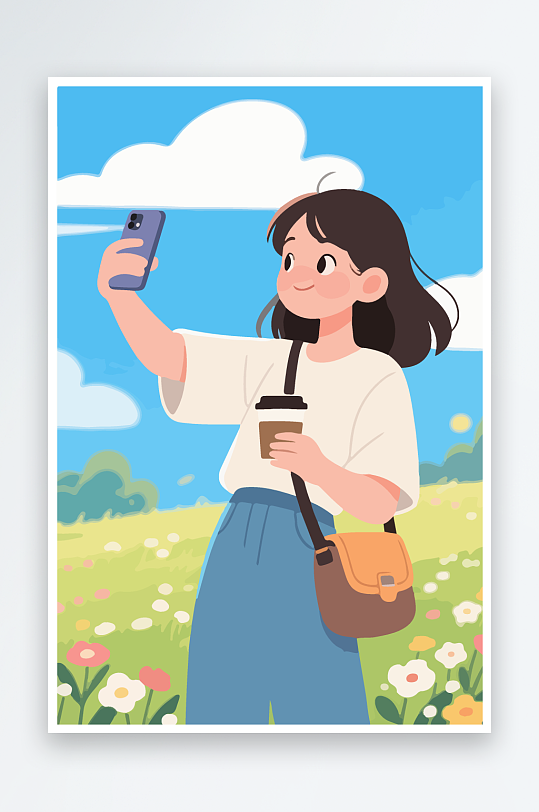 卡通女孩户外自拍插画-众图网