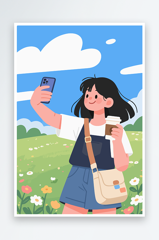 卡通女孩户外自拍插画-众图网