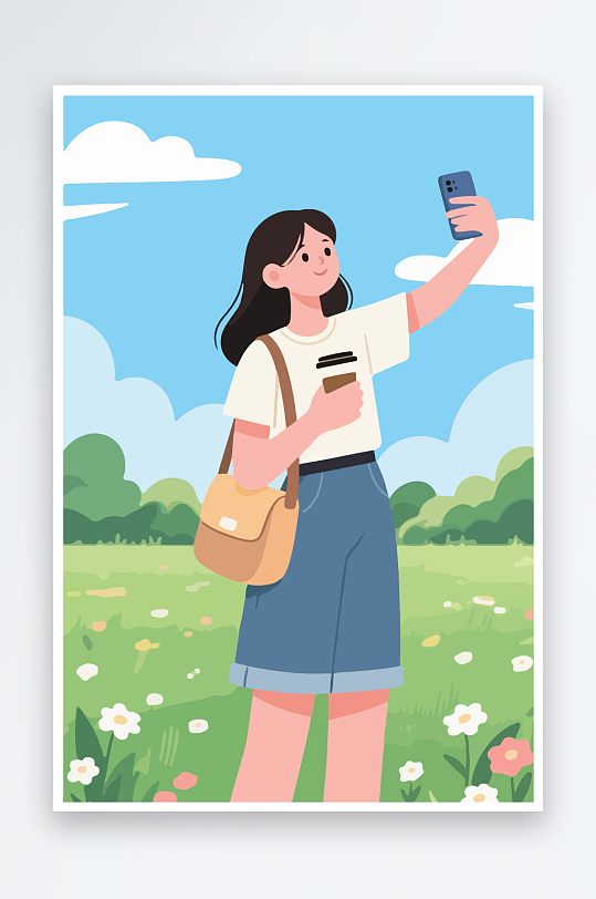 卡通女孩户外自拍插画-众图网