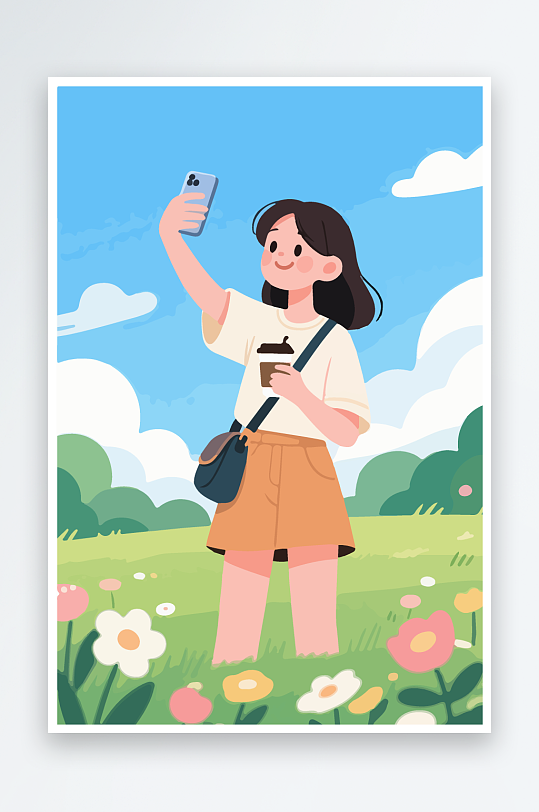 卡通女孩户外自拍插画-众图网