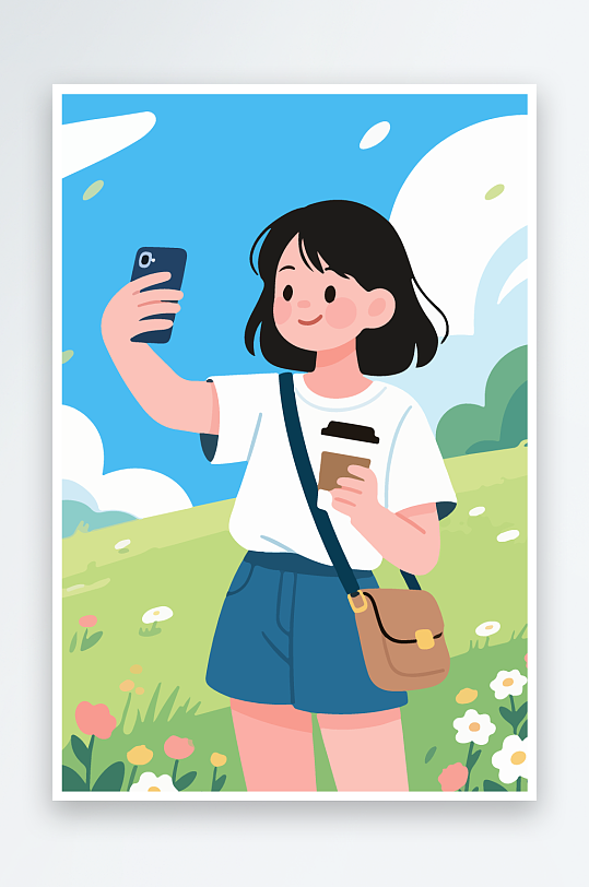 卡通女孩户外自拍插画-众图网