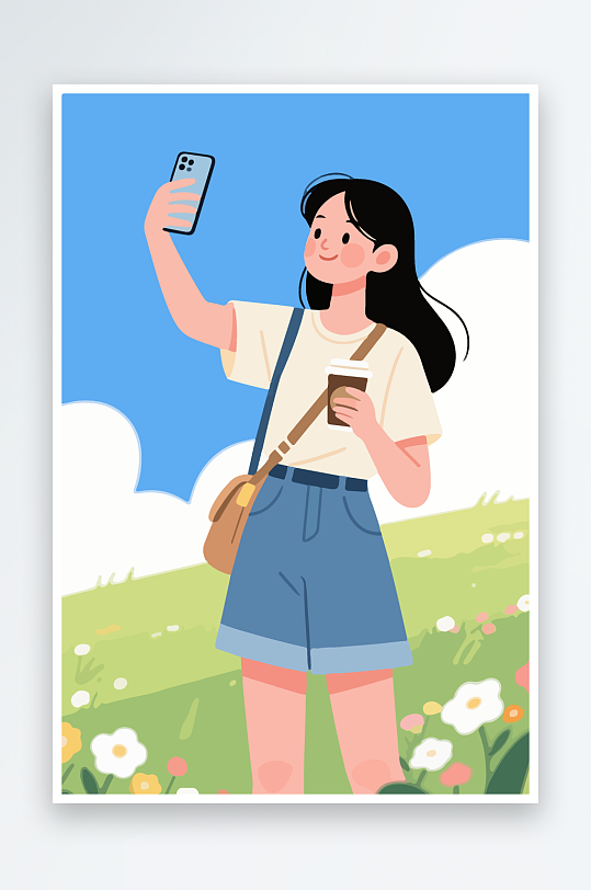卡通女孩户外自拍插画-众图网