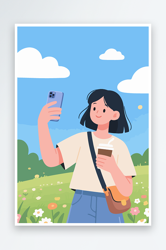 卡通女孩户外自拍插画-众图网