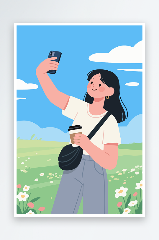 卡通女孩户外自拍插画-众图网