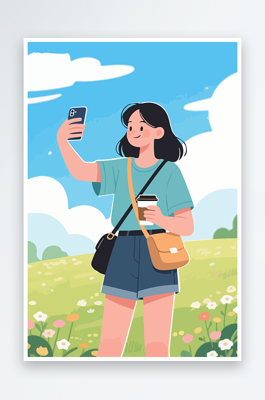 卡通女孩户外自拍插画-众图网