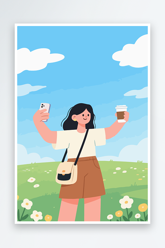 卡通女孩户外自拍插画-众图网