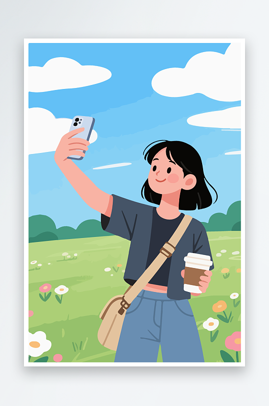 卡通女孩户外自拍插画-众图网