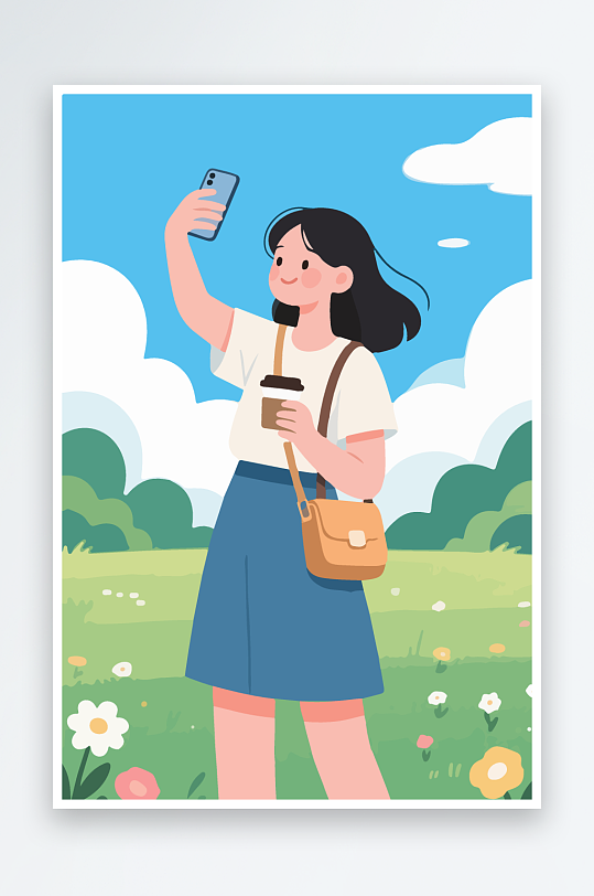 卡通女孩户外自拍插画-众图网