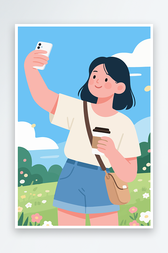 卡通女孩户外自拍插画-众图网