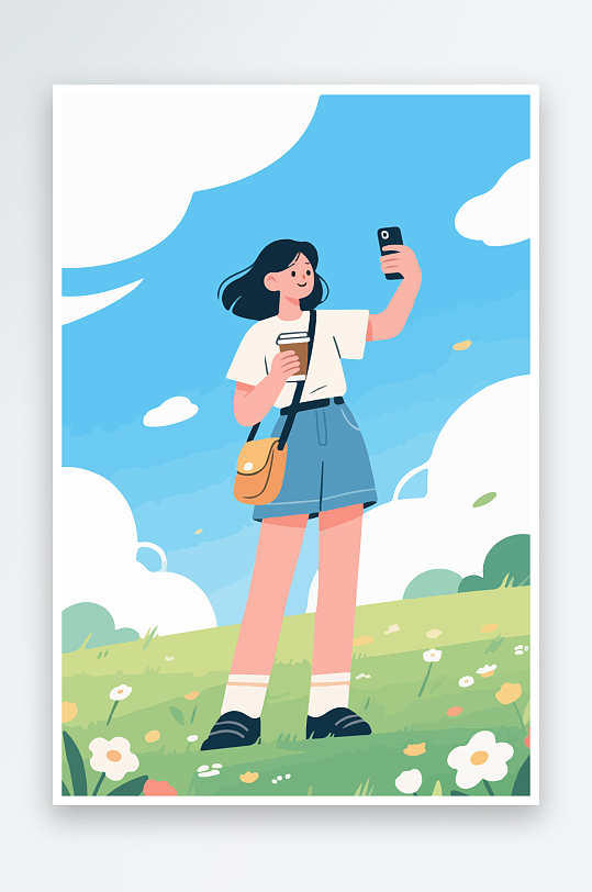 卡通女孩户外自拍插画-众图网