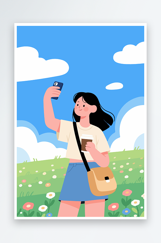 卡通女孩户外自拍插画-众图网