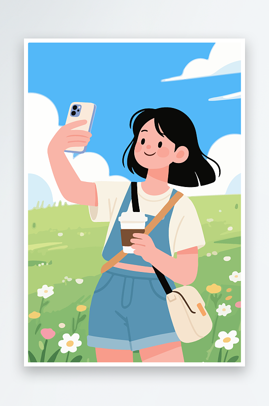 卡通女孩户外自拍插画-众图网