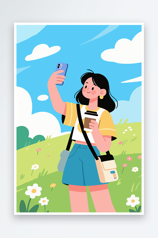 卡通女孩户外自拍插画-众图网