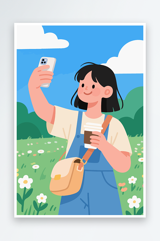 卡通女孩户外自拍插画-众图网