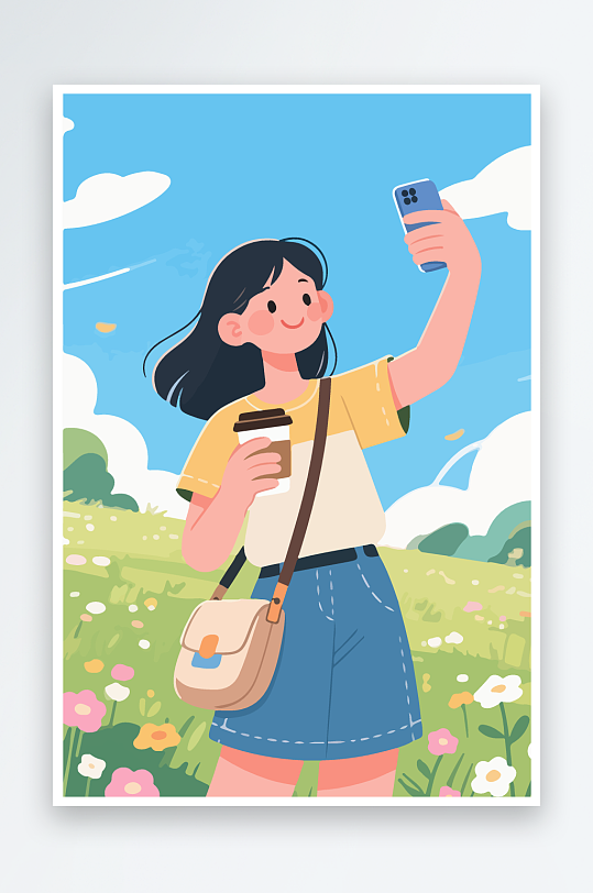 卡通女孩户外自拍插画-众图网