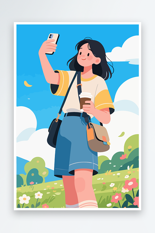 卡通女孩户外自拍插画-众图网