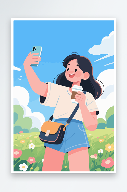 卡通女孩户外自拍插画-众图网