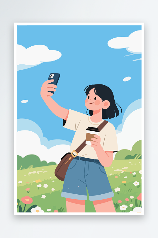 卡通女孩户外自拍插画-众图网