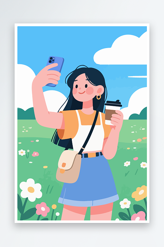 卡通女孩户外自拍插画-众图网