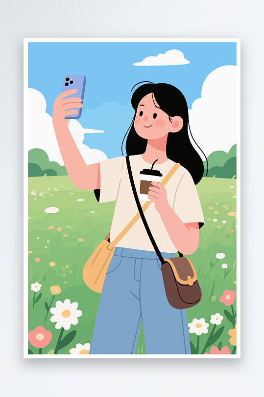 卡通女孩户外自拍插画-众图网