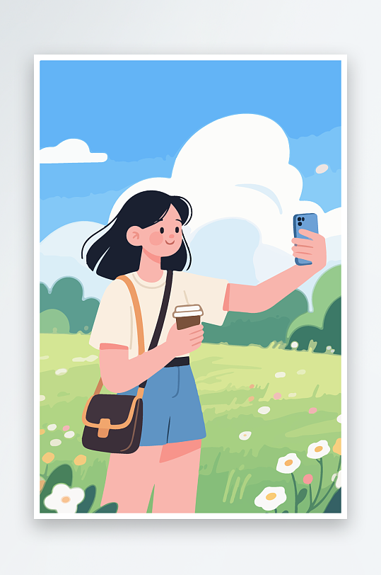 卡通女孩户外自拍插画-众图网