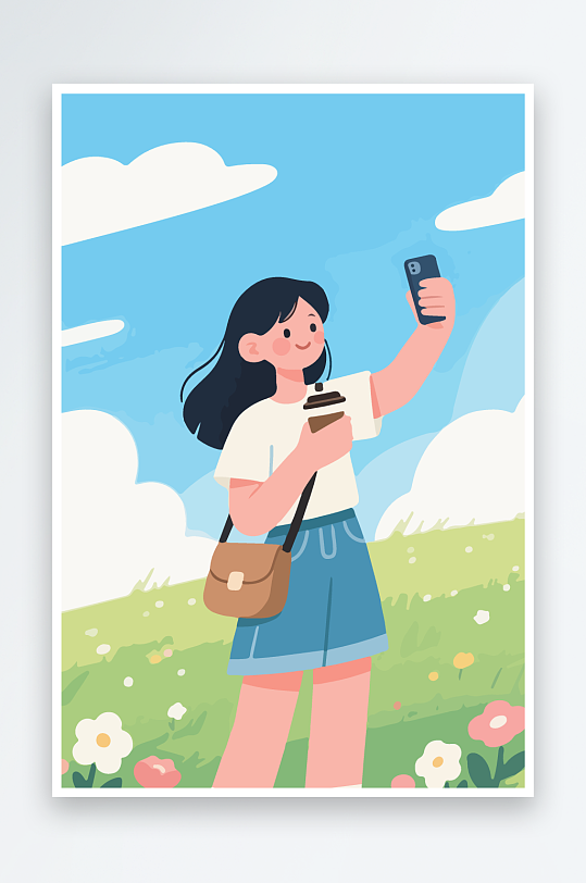 卡通女孩户外自拍插画-众图网