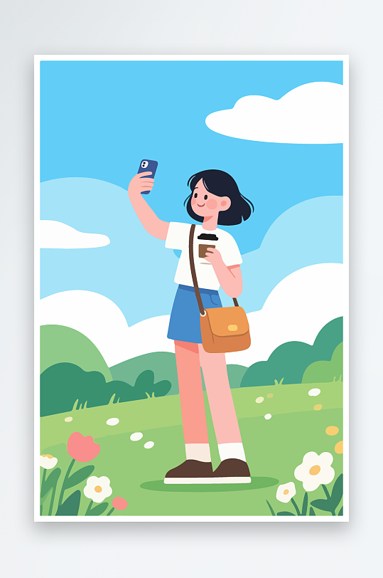 卡通女孩户外自拍插画-众图网