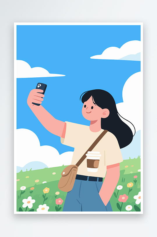卡通女孩户外自拍插画-众图网