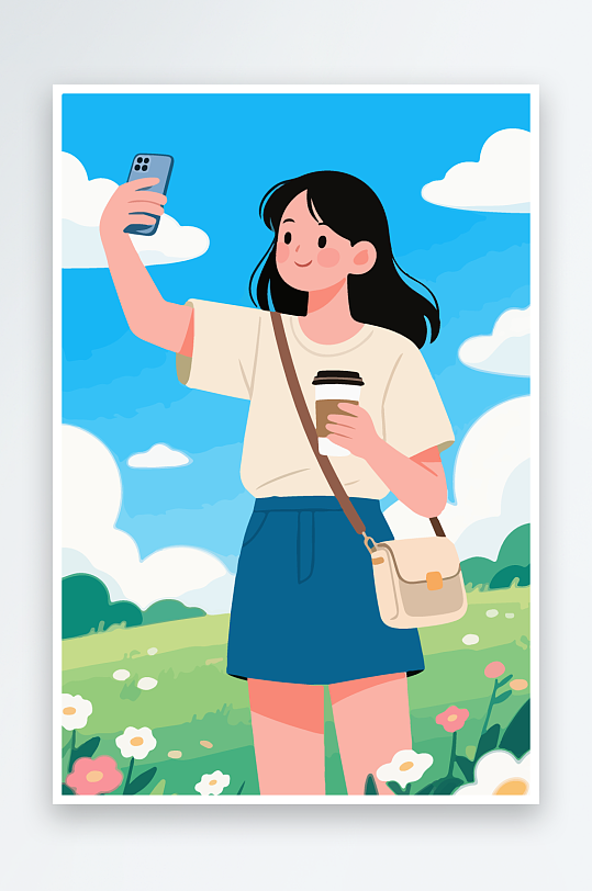 卡通女孩户外自拍插画-众图网