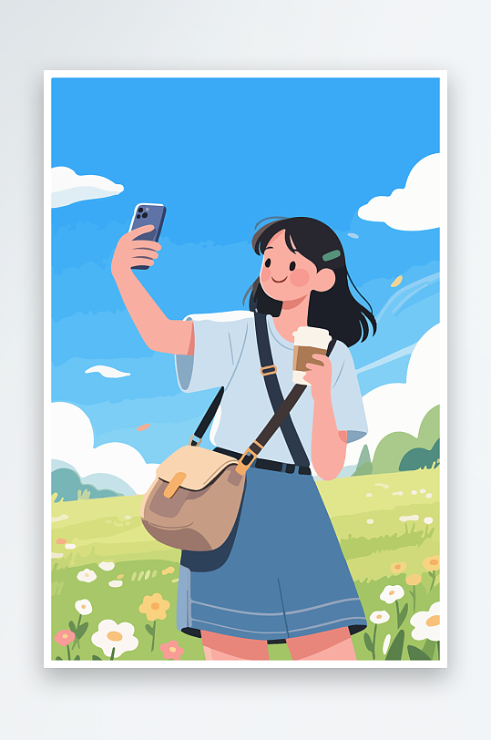 卡通女孩户外自拍插画-众图网