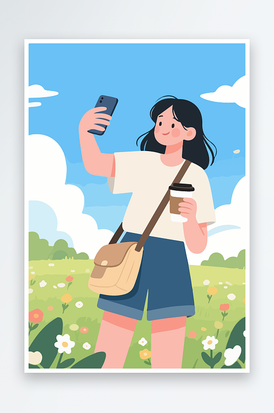 卡通女孩户外自拍插画-众图网
