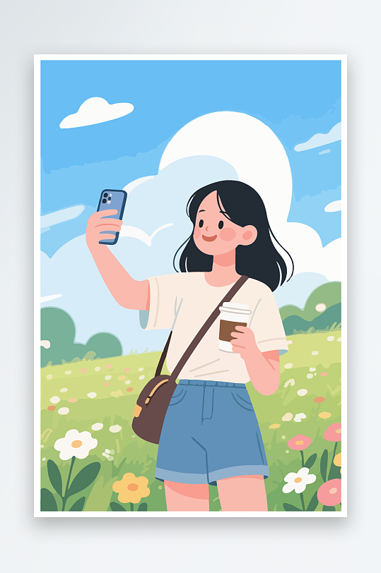 卡通女孩户外自拍插画-众图网