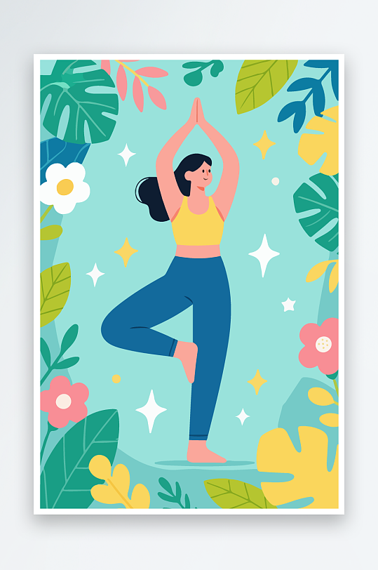 练瑜伽的女孩扁平插画-众图网