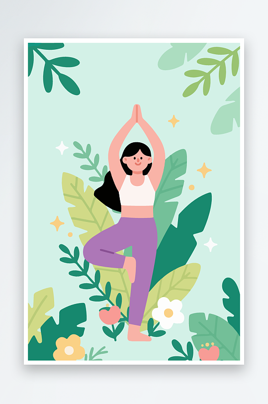 练瑜伽的女孩扁平插画-众图网