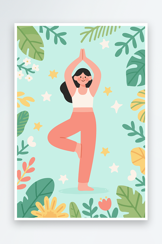 练瑜伽的女孩扁平插画-众图网