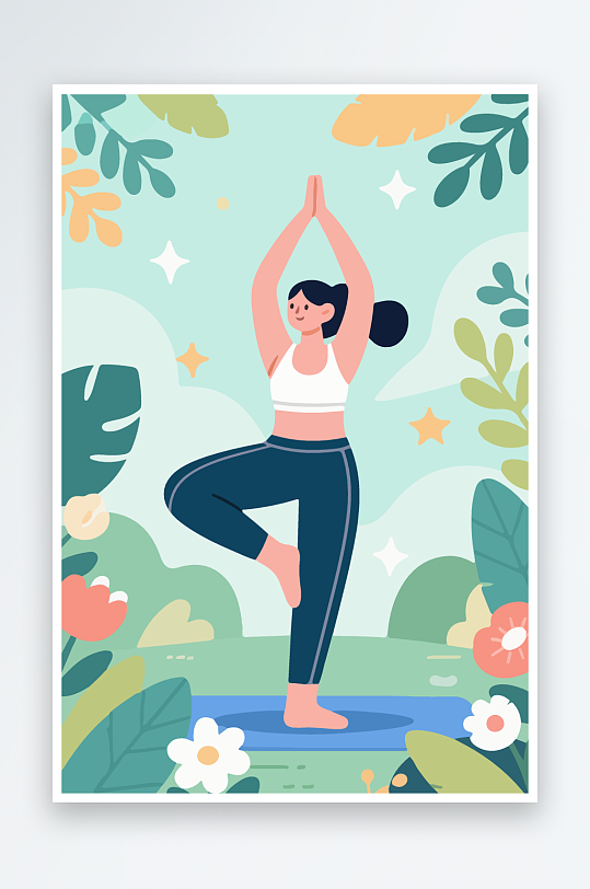 练瑜伽的女孩扁平插画-众图网