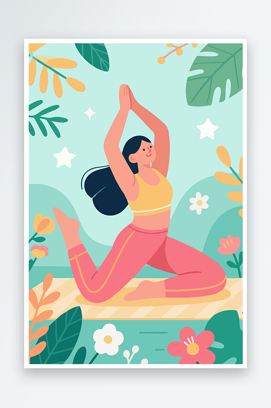 练瑜伽的女孩扁平插画-众图网