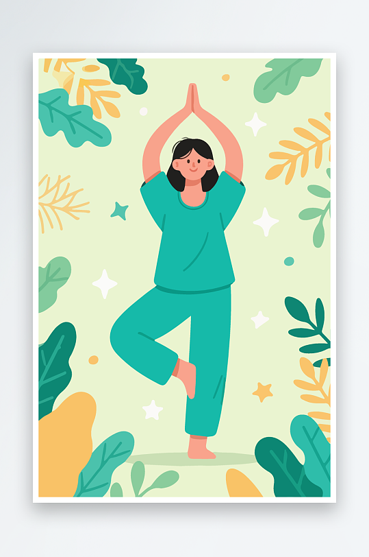 练瑜伽的女孩扁平插画-众图网