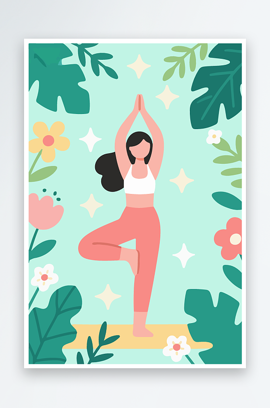练瑜伽的女孩扁平插画-众图网