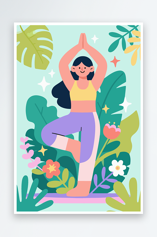 练瑜伽的女孩扁平插画-众图网