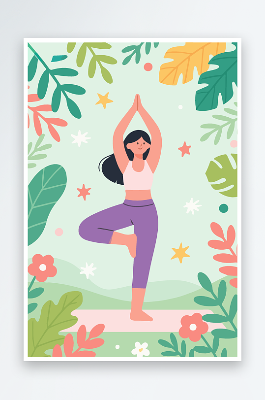 练瑜伽的女孩扁平插画-众图网