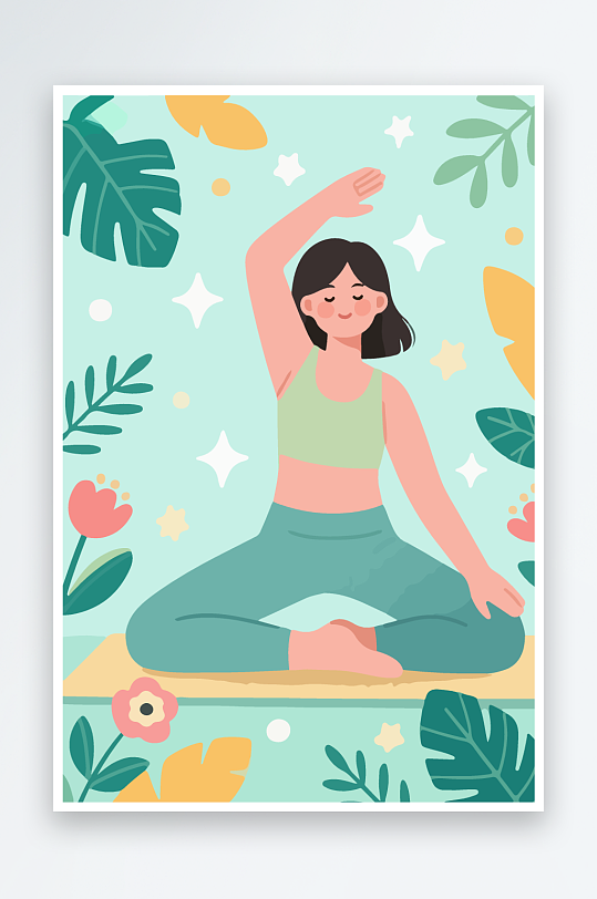 练瑜伽的女孩扁平插画-众图网