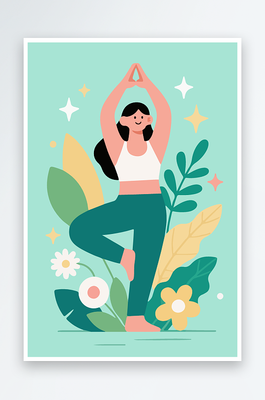 练瑜伽的女孩扁平插画-众图网