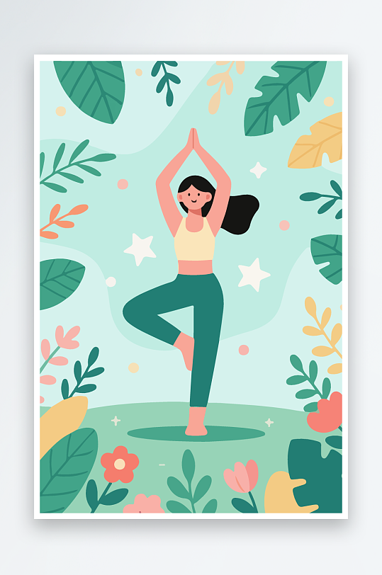 练瑜伽的女孩扁平插画-众图网